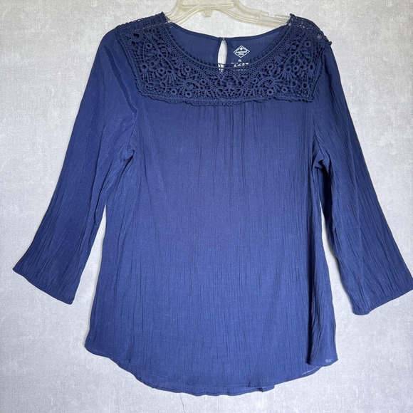 St. John's Bay Tops - St. John's Bay Blouse‎ Womens XL Navy Blue Crochet Lace Yoke 3/4 Boho Fairy